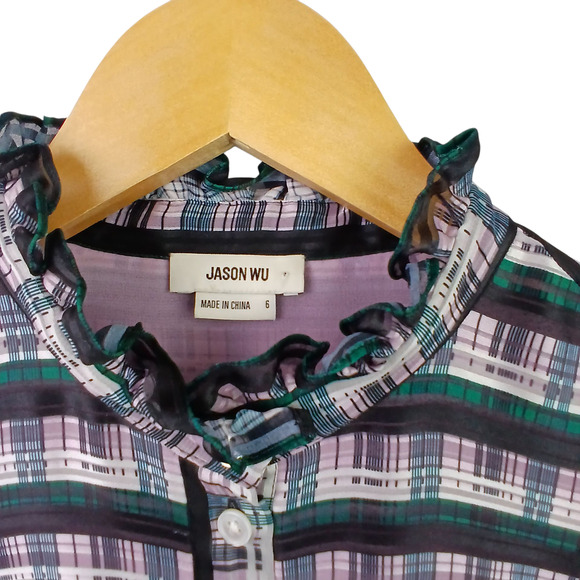Jason Wu SZ 6 Striped Plaid Ruffle Blouse Cactus Rose Multi As Seen On TV $450 - Picture 4 of 7